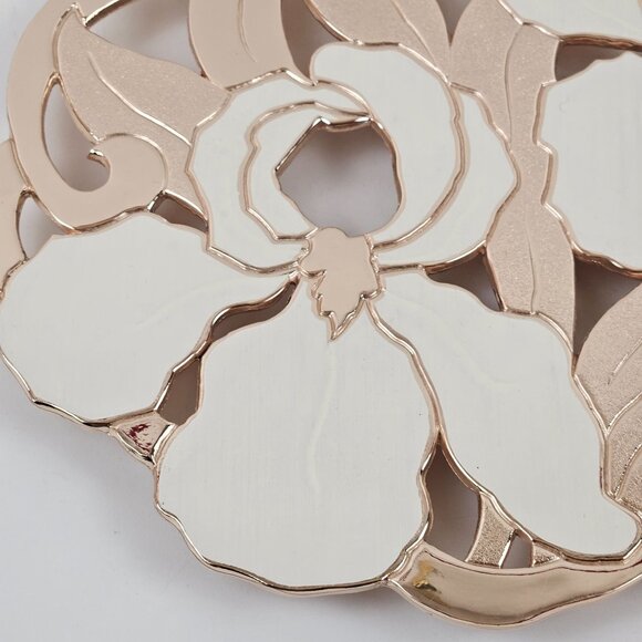 Wm A Rogers Rose Gold White Enamel Floral Trivet Iris Vintage Wall Hanging - Picture 10 of 11